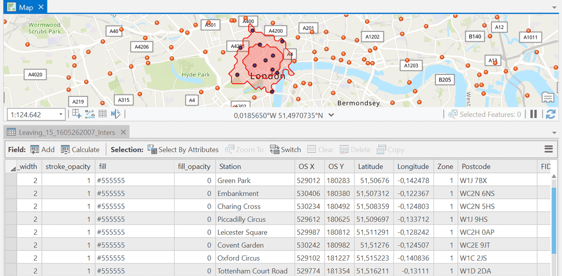 Results table showing catchment areas for London stations in ArcGIS.
