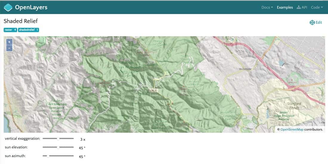 The OpenLayers site hosts many examples of the library in use. Screenshot from OpenLayers showing calculated shaded relief from elevation data.