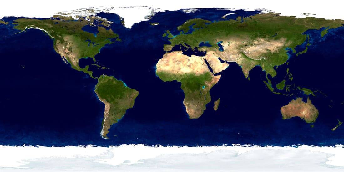 This true-color image created by stitching together satellite imagery shows areas of the Earth that are ocean (blue). Image: NASA, 2002.