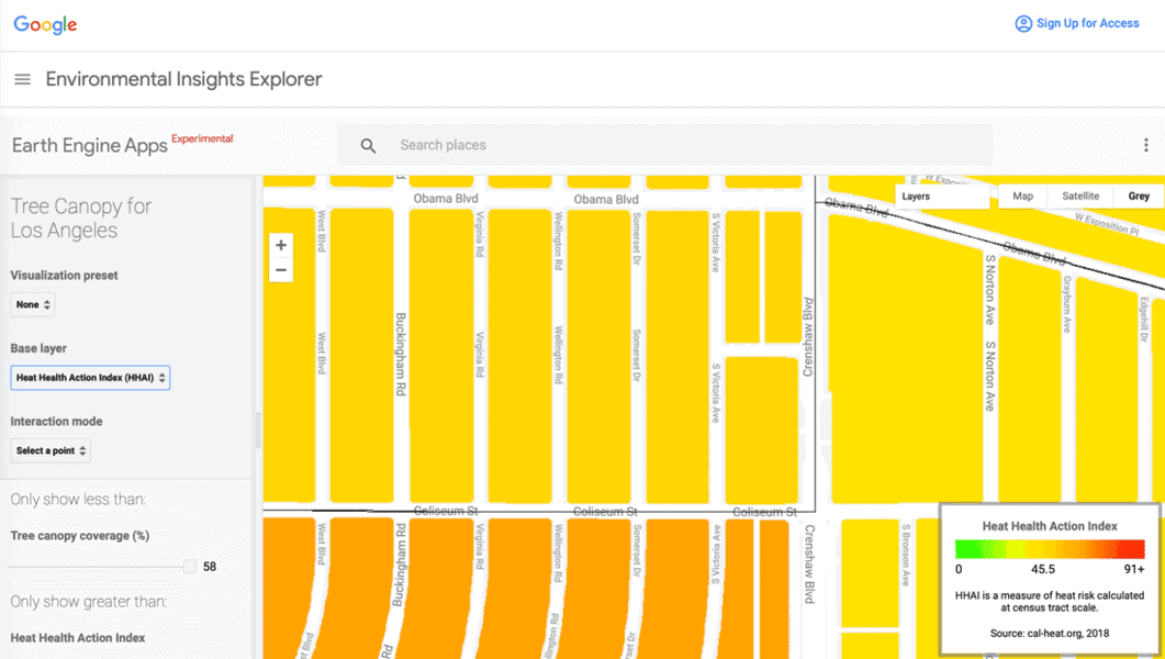 Zoomed in view of the Heat Heath Action Index - HHAI calculation for a neighborhood in Los Angeles from the Tree Canopy for Los Angeles map.