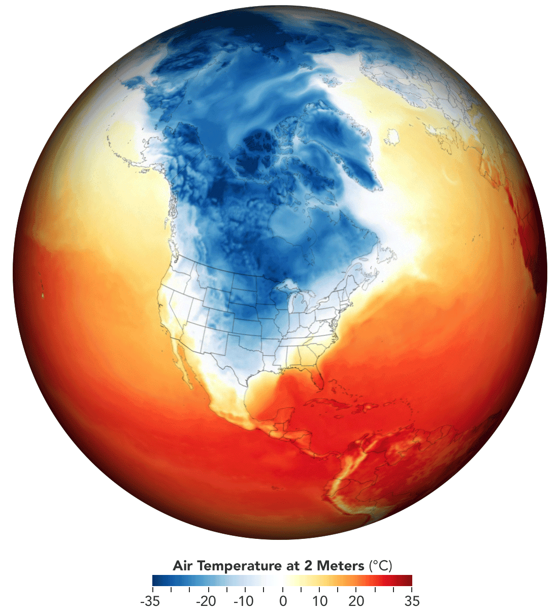 Map of temperatures across the United States and Canada on February 15, 2021. Source: NASA.