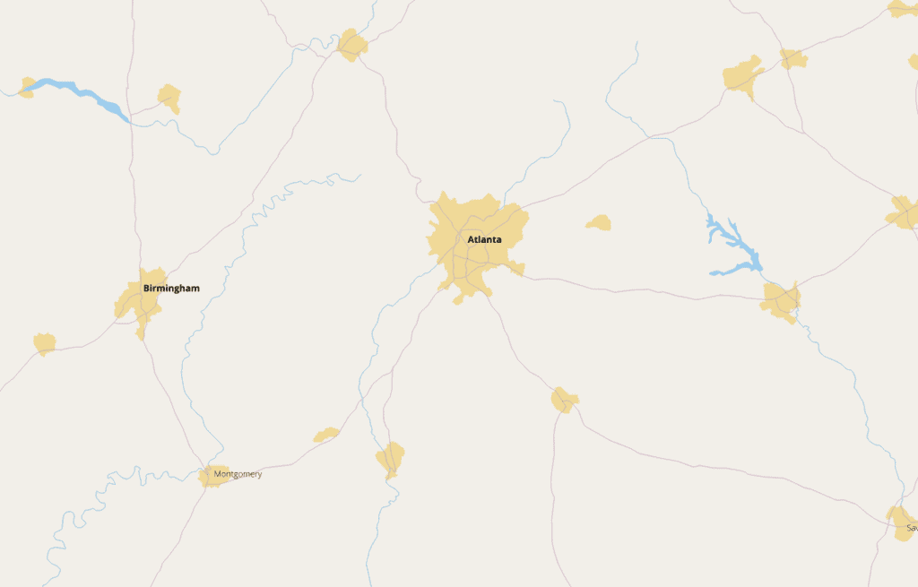With maps presented at a larger scale, city locations are represented as a polygon to show the extent of each city. Map made with Natural Earth Data.
