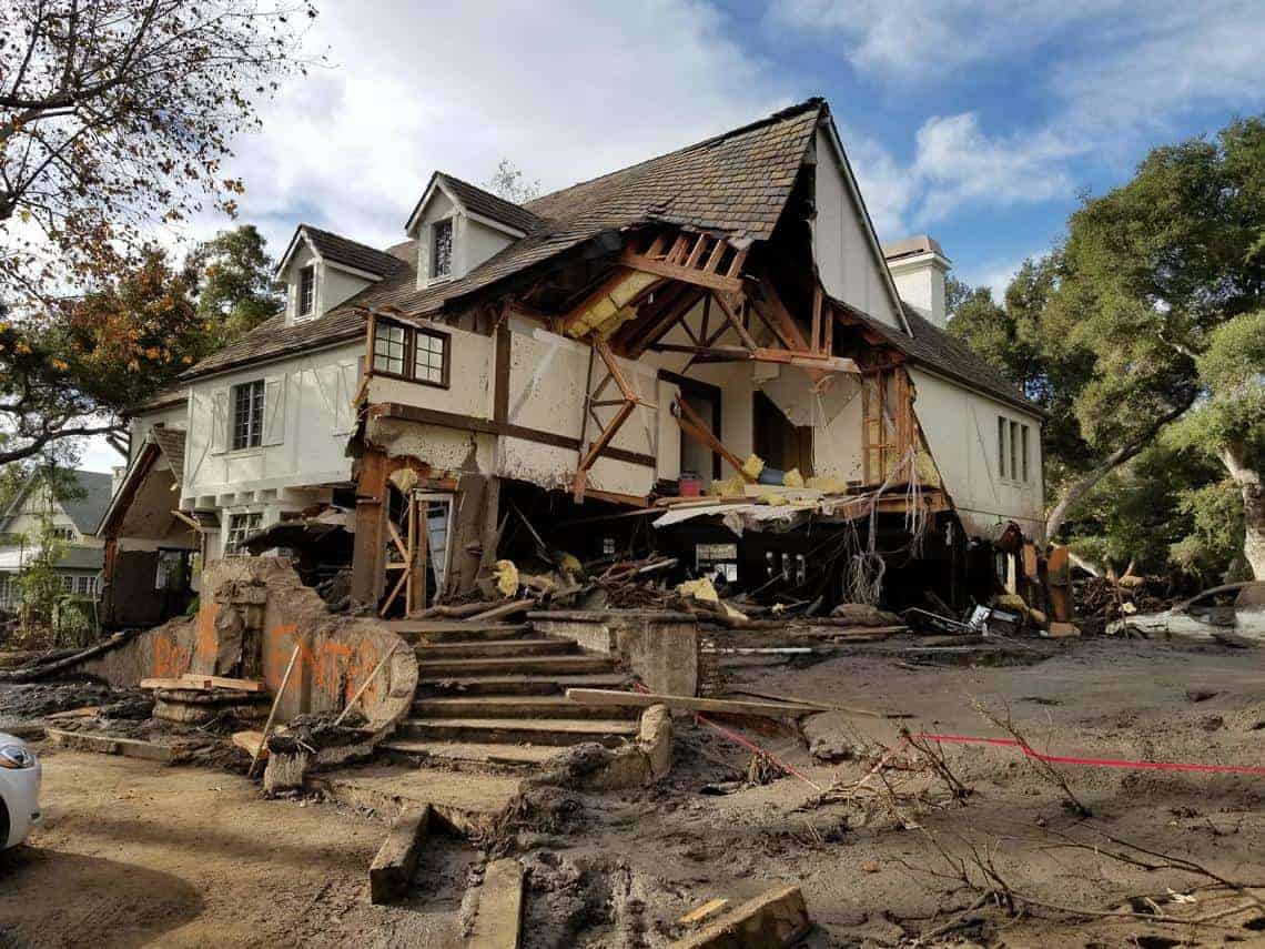 Damage from a major post-wildfire landslide that occurred on 9 January 2018 near Montecito, Santa Barbara County as a result of the 2017 Thomas Fire. Photo: Jason Kean, USGS. Public domain.