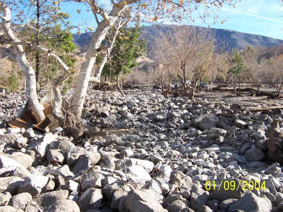 Debris Flow in Cable Canyon following the 2003 Old Fire in the San Bernardino Mountains, California. Photo: USGS, public domain.