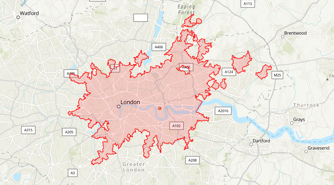 Map showing the areas from where Canary Wharf station can be reached within a maximum of 45 minutes travelling by public transport.