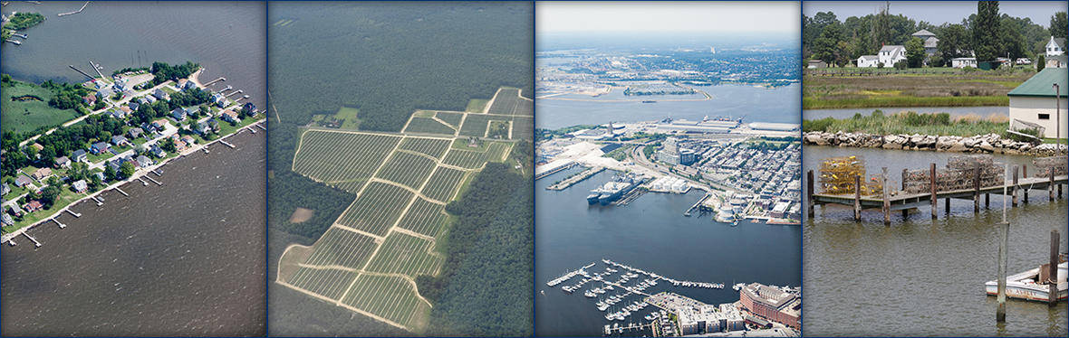 Geographers study how humans have altered the landscape. In Chesapeake Bay: L-R: A waterfront residential community; row crops bordered by forest; Baltimore Harbor; piers and crab pots in a waterfront fishing community. Photo: ason Burton, USGS. Public domain.