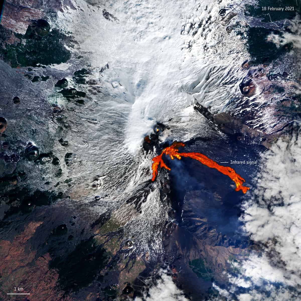 Processing Sentinel-2's shortwave-infrared band shows the bright red lava flow on Mount Etna's southern flank on February 18, 2021.
