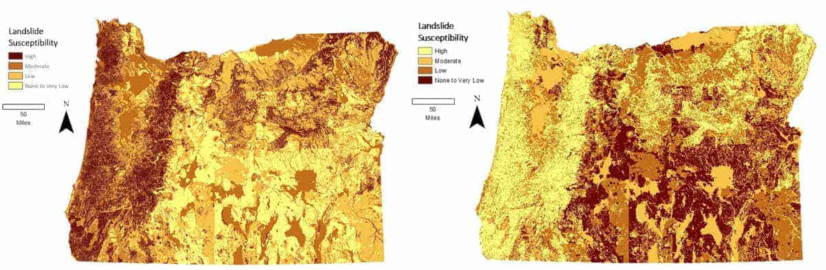 Maps of Oregon landslide susceptibility as presented by Carson MacPherson-Krutsky.