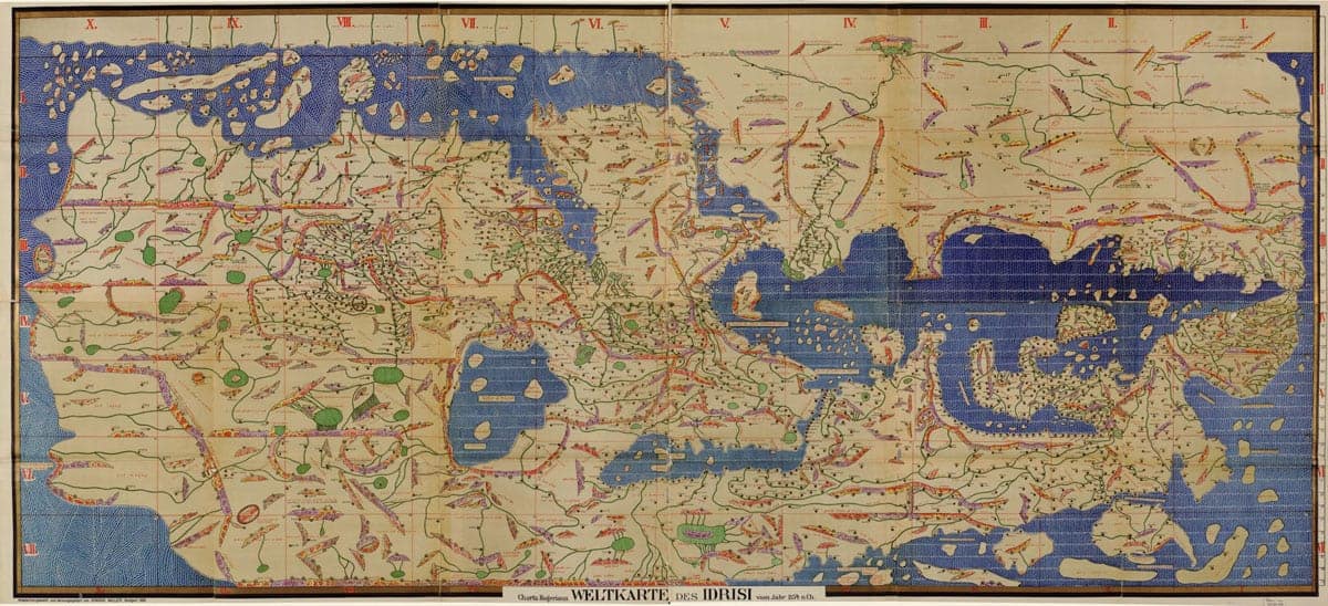 Al-Idrisi completed a detailed map of the world in Tabula Rogeriana, which means the Map of Roger in Latin. This copy of Idrisi's map was created by K. Miller in 1928 as part of a restoration of the 1154 map. Image: Library of Congress, public domain.
