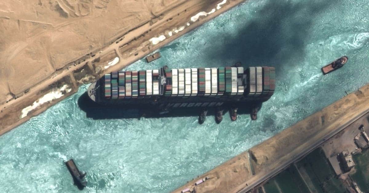 Detailed satellite imager of the freed container ship in the Suez Canal. Satellite image captured with GeoEye-1 at 50 cm resolution ©2021 European Space Imaging.