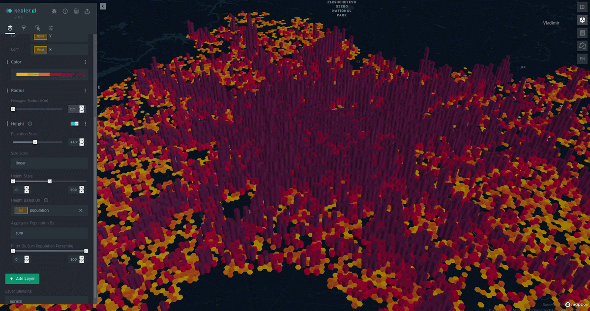 Population data for Moscow city and Moscow region visualized in Kepler.gl. Image: GeoAlert.