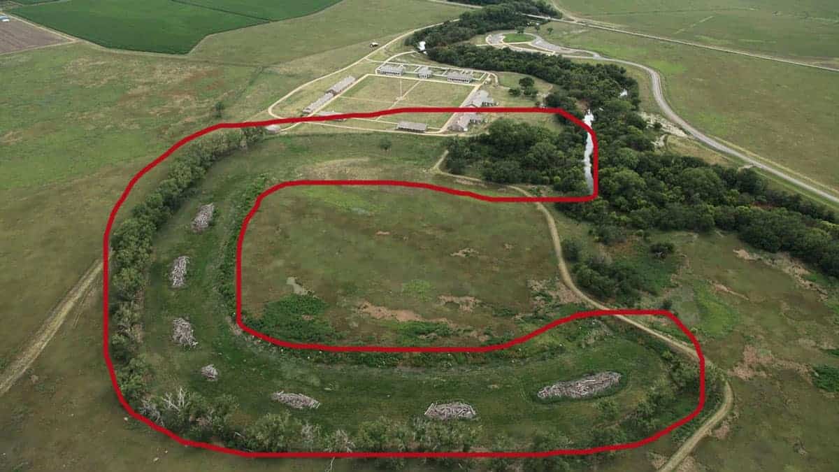 Aerial view of Fort Larned, coming from the east with the dry oxbow in the foreground, NPS.