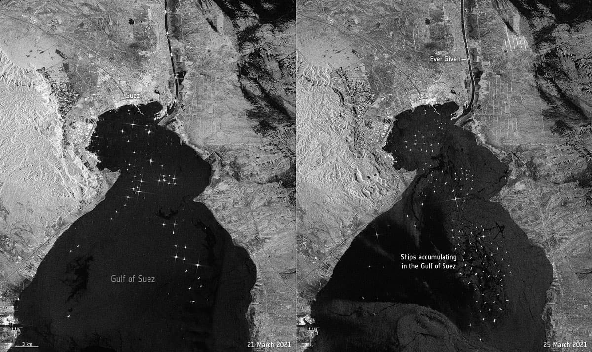 Sentinel 1 satellite image of the Gulf of Suez on March 21 (L) and March 25 (R ) showing the accumulation of waiting ships after the Ever Given becomes stuck in the Suez Canal. Images: ESA, CC BY 4.0
