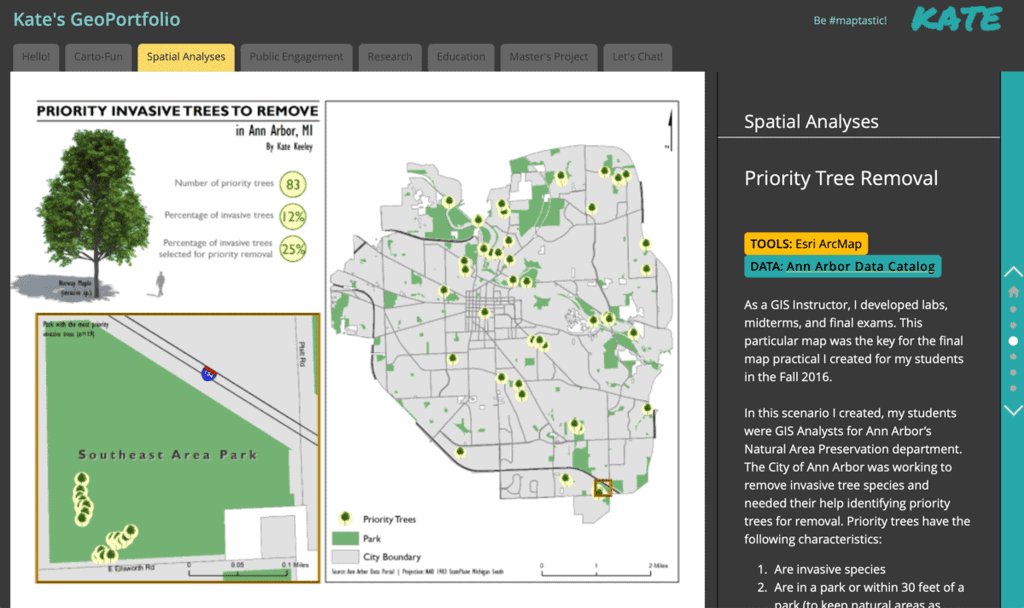 Presenting your GIS experience visually is a way to show employers the breadth of geospatial experience. Screenshot from Kate Berg's online GeoPortfolio which highlights her experience and the types of software and tools she has used. Screenshot captured 2021-Feb-10.