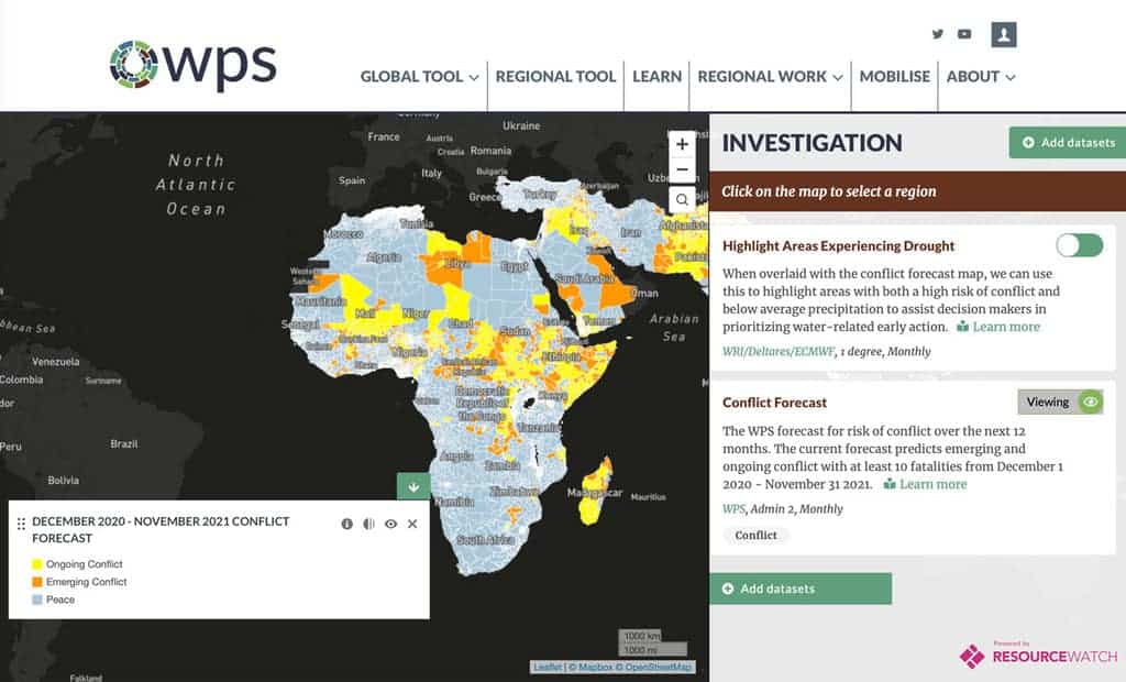 Screenshot from the the World Resources Institute's Water, Peace and Security initiative global map. Taken 10-Feb-2021.