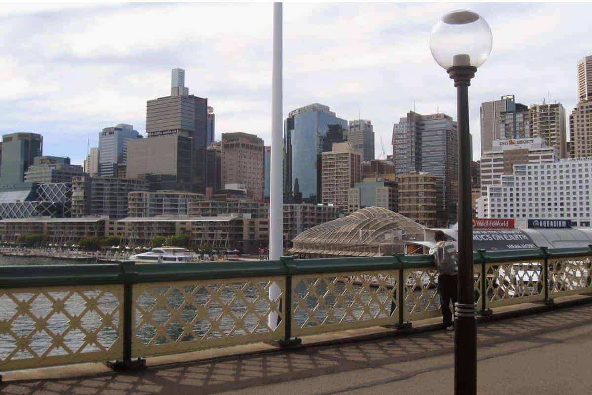 Sydney skyline as seen from a Darling Harbour footbridge. Photo: CIA, public domain.
