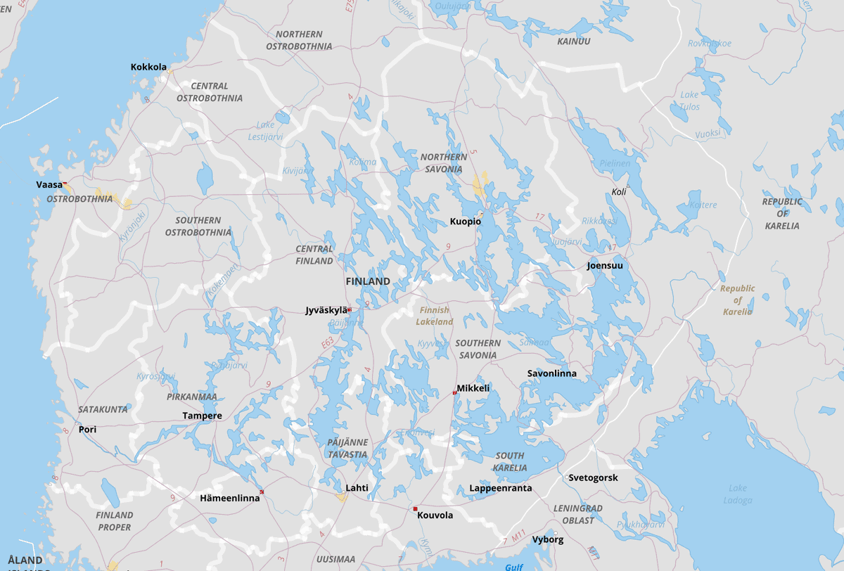 Map of Finland Lakeland district. Map: Natural Earth, public domain.