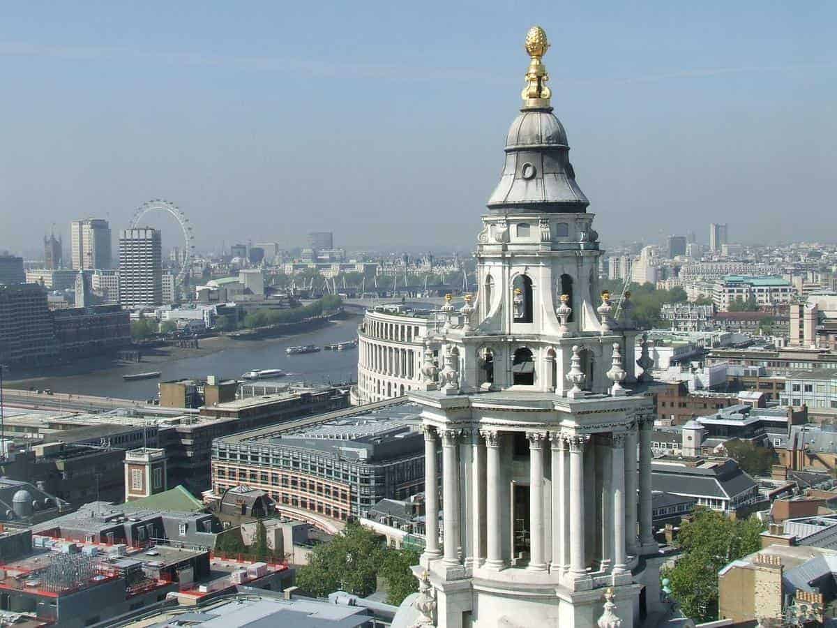 A vista of London from the Golden Gallery, the highest point of the outer dome of St. Paul's Cathedral in London.