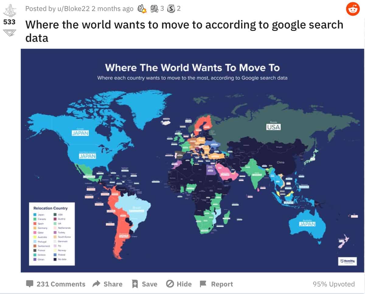 Stereotypical bad map formats that tend to go viral are maps based on Google search results by country or by U.S. state. In this screenshot from Reddit: "Where the world wants to move to according to google search data." Screenshot taken 10-Feb-2021.
