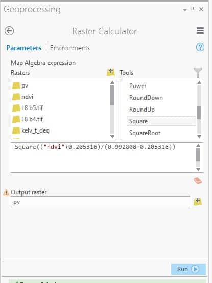 Raster calculator GUI for proportional value vegetation calculation in ArcGIS Pro.