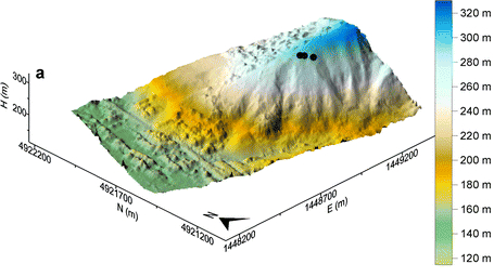 3D representation of automatic DEM of the studied area (the black dots indicate the damaged buildings).