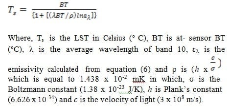 Formula for calculating land surface emission from LSE, BT and NDVI.