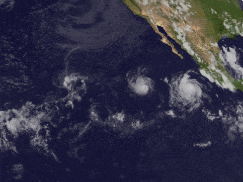 Fujiwhara effect in 2017 showing Hurricanes Irwin and Hillary colliding in the Pacific Ocean.