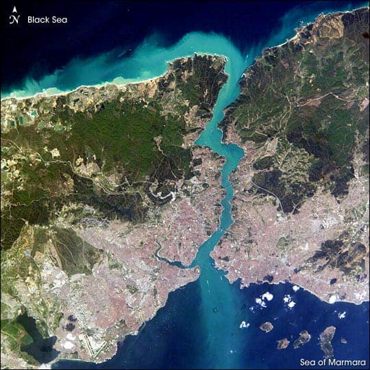 Istanbul straddles both sides of the 20-mile long Bosporus Strait connecting the Mediterranean and Sea of Marmara (south) to the Black Sea (north). Source: NASA