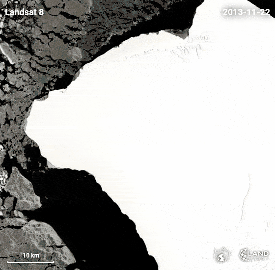 The growth of the crack on the Brunt Ice Shelf. Change detection satellite images courtesy of EOS Data Analytics