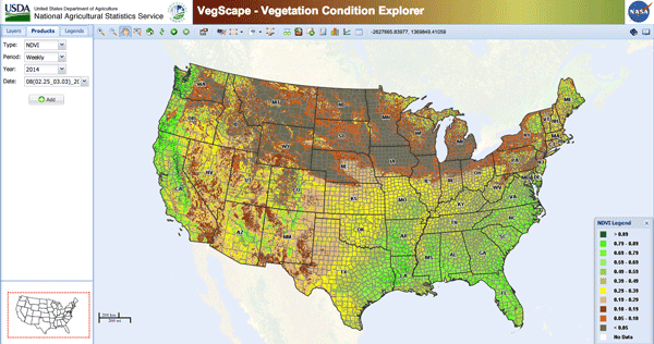 VegScape (Vegetation Condition Explorer) is the satellite based assessment of plant health across the United States. A deep green color shows areas of strong plant vigor. Yellow, brown, and grey sections map out poorer plant conditions.