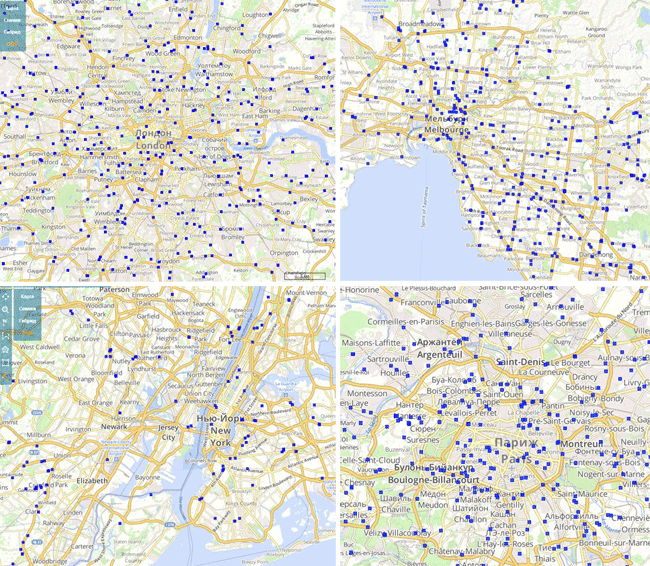 Map of fuel stations for the cities of (upper left), (upper right), (lower left), and (lower right)