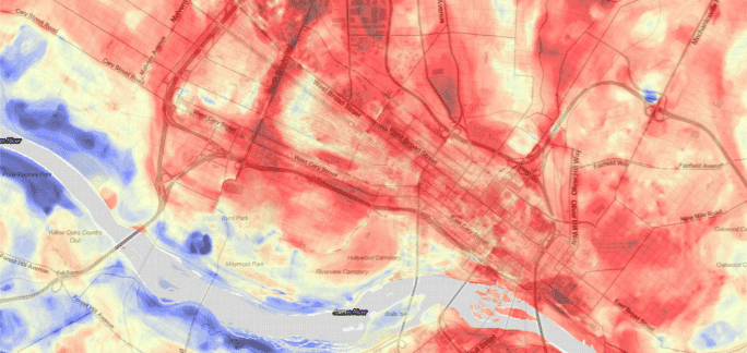 Urban heat map from data captured during the summer of 2018 in Richmond, VA. Source: NOAA.