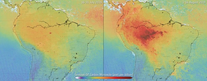 Map showing carbon monoxide from Amazon fires. Source: contains modified Copernicus data (2019), processed by SRON