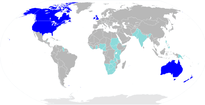 Map of nations using English as a de facto or official majority language (dark blue) or an official minority language (light blue)