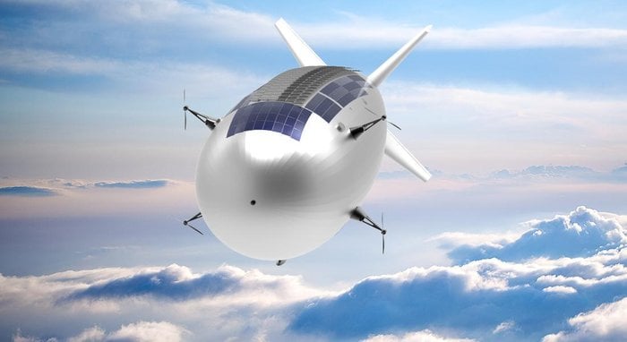Thales Alenia Space's Stratobus airship can carry up to 250 kg of payload, its electric engines flying against the breeze to hold itself in position, and relying on fuel cells at night. Its first flight is projected for 2021. Image: Thales Alenia Space/Briot via ESA