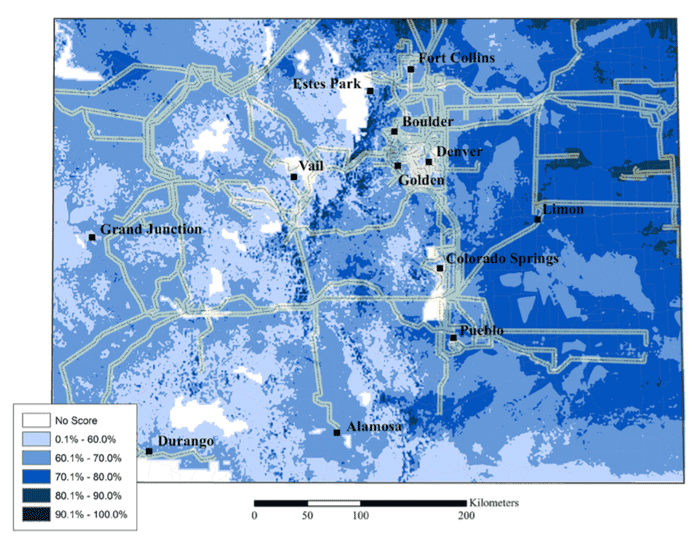 Ideal wind farm locations in Colorado according to GIS model criteria from Janke, 2010.