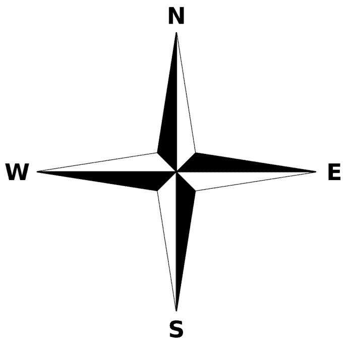 A compass rose showing just the cardinal points of north, south, east, and west.