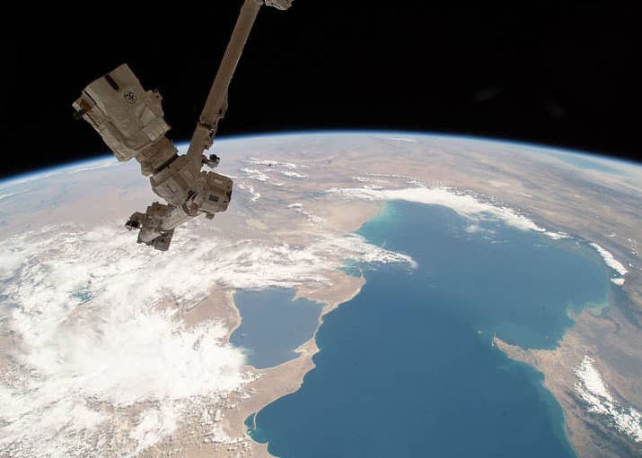 The Caspian Sea as captured by the International Space Station as it orbited overhead on June 21, 2018. Photo: iss056e032401, NASA.