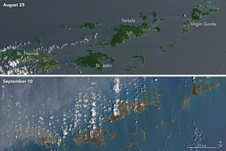 These Landsat 8 images, acquired August 25 and September 20, 2017 show the before and after effects of Hurricane Irma on the British and U.S. Virgin Islands. Source: NASA, public domain.