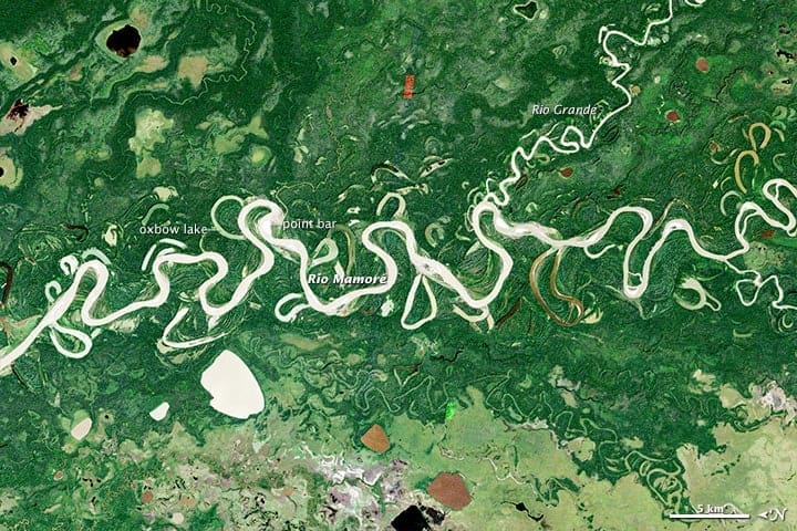 Satellite image showing the changing river patterns of the Amazon River. Image: NASA, public domain.