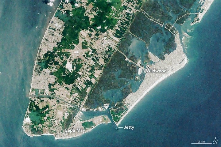 Wildwood barrier island, New Jersey. Satellite image from NASA, public domain.