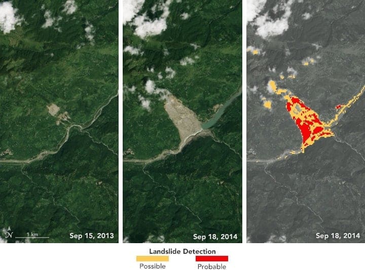 Sudden Landslide Identification Product (SLIP) developed by NASA detects landslide potential by analyzing satellite imagery for changes in soil moisture, muddiness, and other surface features. The Landsat 8 satellite capture the left and middle images on September 15, 2013, and September 18, 2014—before and after the Jure landslide in Nepal on August 2, 2014. The processed image on the right shows areas in red indicating a probable landslide and areas in yellow showing a possible landslide. Source: NASA.