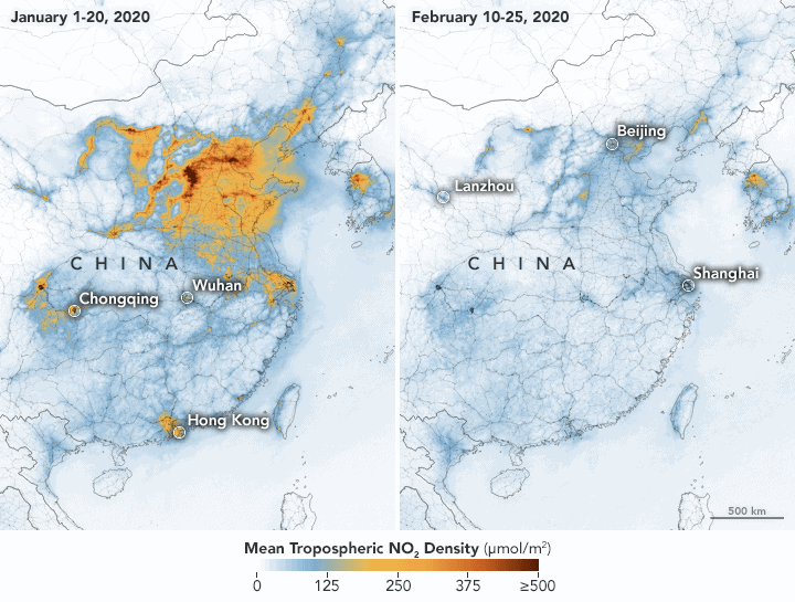 Maps showing NO2 values across China from January 1-20, 2020 (before the quarantine) and February 10-25 (during the quarantine). The data from the Tropospheric Monitoring Instrument (TROPOMI) on ESA’s Sentinel-5 satellite. Source: NASA, 2020.