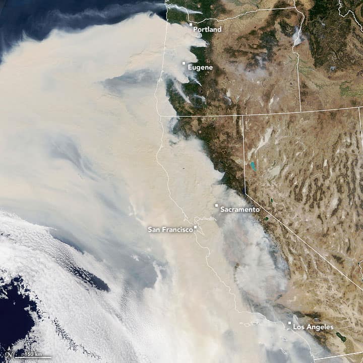Wildfires blanked the entire West Coast on September 9, 2020. Image: Landsat, NASA, public domain.