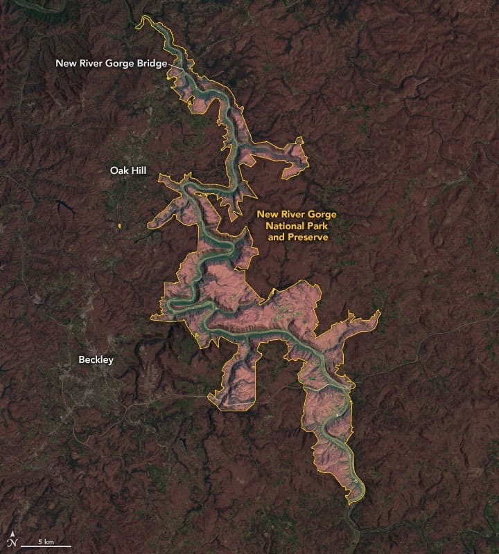 Landsat 8 satellite image coupled with SRTM elevation data showing the New River Gorge National Park and Preserve. Image: NASA.