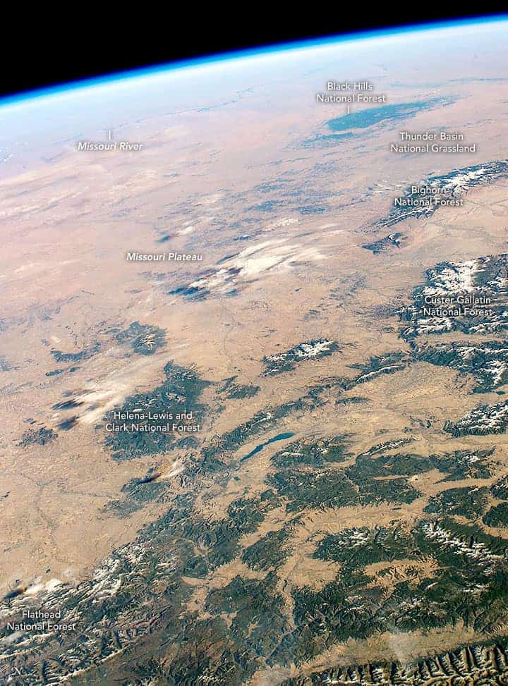 An oblique photograph from the International Space Station showing the Missouri Plateau. Source: NASA, October 19, 2018.