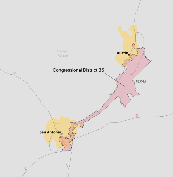 An analysis by The Washington Post found the 35th Congressional District to be among the top ten gerrymandered congressional districts. Maps created using Natural Earth data and the 16h Congressional District.