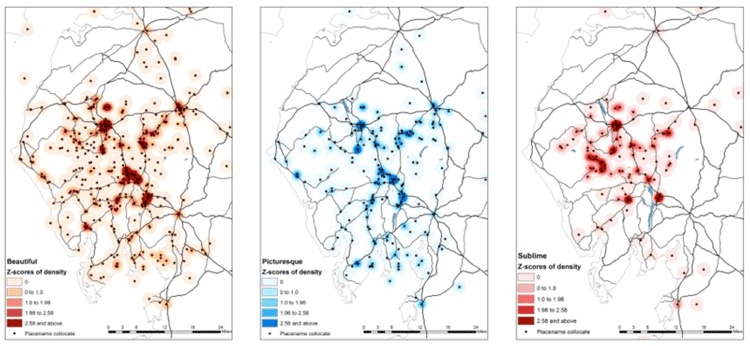 An example of research using text analysis and GIS. Maps showing distribution and density smoothing maps for beautiful, picturesque, and sublime. Donaldson, Gregory, & Taylor, 2017.