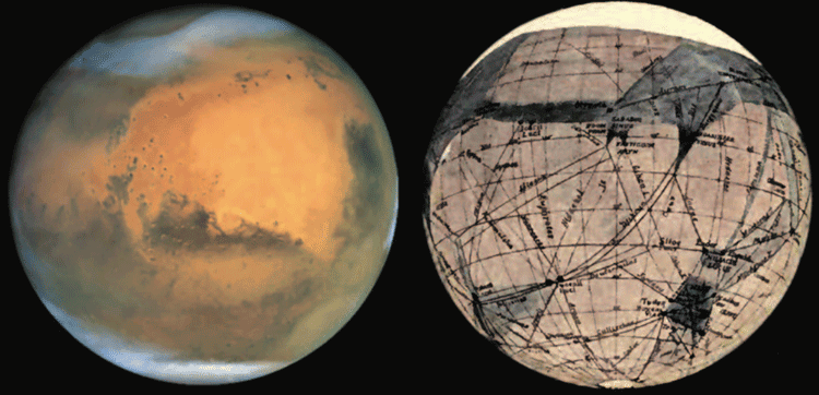 The surface of Mars: (left) as seen through the Hubble Space Telescope, and (right) as mapped by Percival Lowell in 1905 and showing the locations of ‘canals’. Images: NASA Photojournal image PIA03154 © NASA/Hubble Heritage Team and Lowell, 1908.