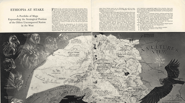 An example of a persuasive map including illustrations, this one by Richard Edes Harrison, in a Fortune article entitled “Ethiopia at Stake” (1935) via Muehlenhaus, 2013.